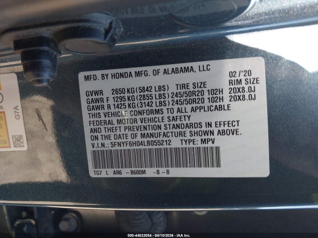 Продажа на аукционе авто 2020 Honda Pilot Awd Elite, vin: 5FNYF6H04LB055212, номер лота: 44832054