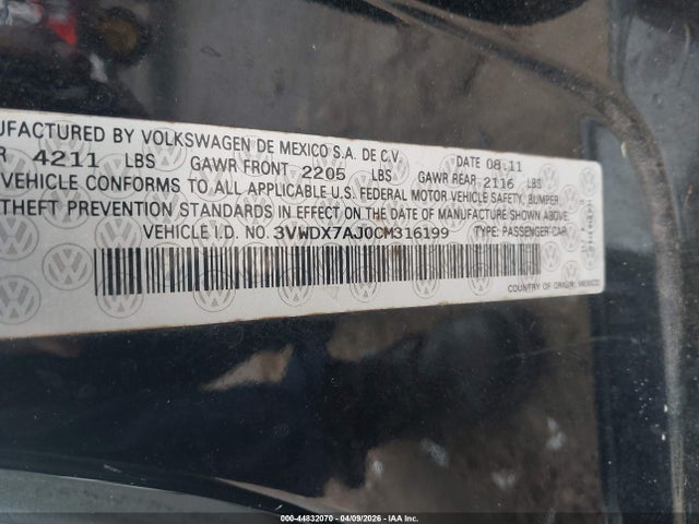 Продаж на аукціоні авто 2012 Volkswagen Jetta 2.5l Se, vin: 3VWDX7AJ0CM316199, номер лоту: 44832070