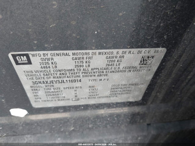 Продаж на аукціоні авто 2018 Chevrolet Equinox Lt, vin: 3GNAXJEV3JL116914, номер лоту: 44832075
