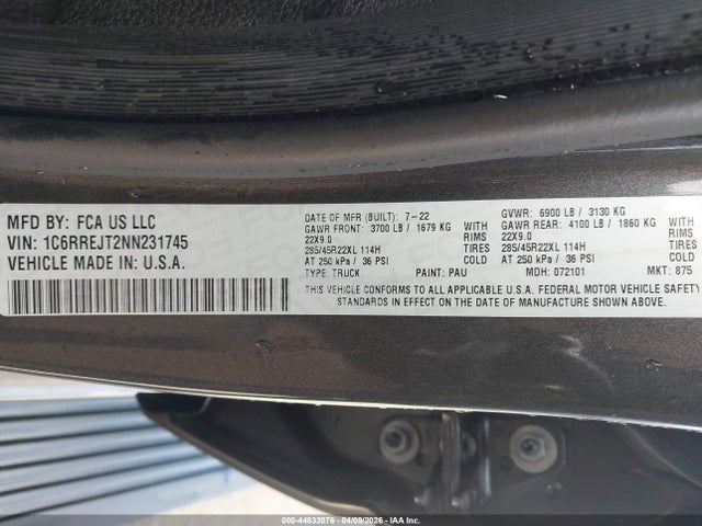 Продаж на аукціоні авто 2022 Ram 1500 Laramie  4x2 5'7 Box, vin: 1C6RREJT2NN231745, номер лоту: 44832076