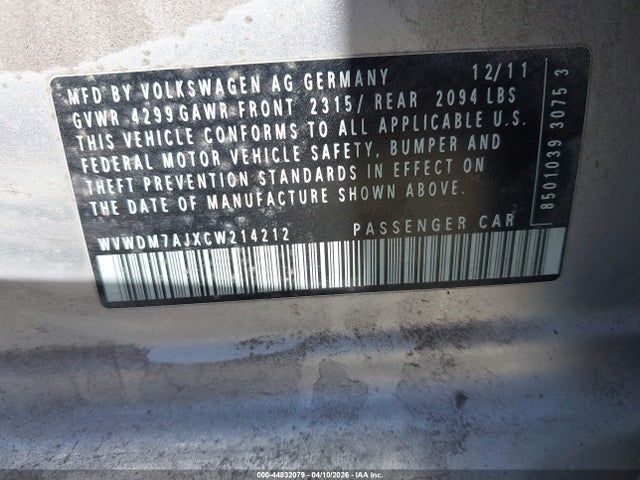 44832079 :رقم المزاد ، WVWDM7AJXCW214212 vin ، 2012 Volkswagen Golf Tdi 4-door مزاد بيع