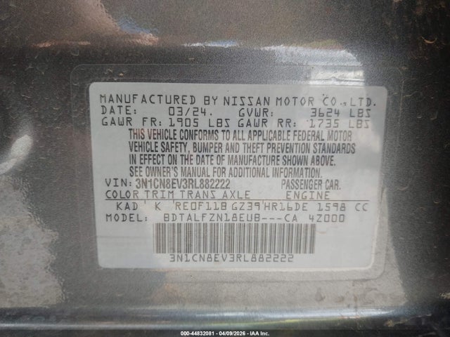 Aukcja sprzedaży 2024 Nissan Versa 1.6 Sv, vin: 3N1CN8EV3RL882222, numer aukcji: 44832081