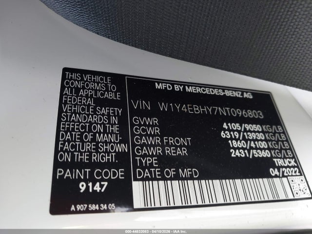 Aukcja sprzedaży 2022 Mercedes-benz Sprinter 2500 Standard Roof V6, vin: W1Y4EBHY7NT096803, numer aukcji: 44832083