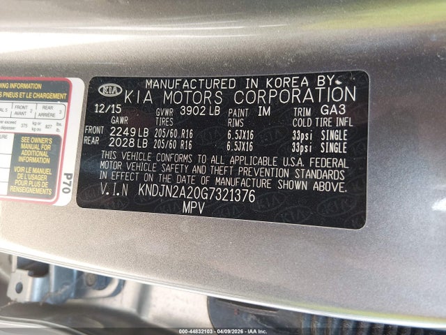 Продаж на аукціоні авто 2016 Kia Soul, vin: KNDJN2A20G7321376, номер лоту: 44832103