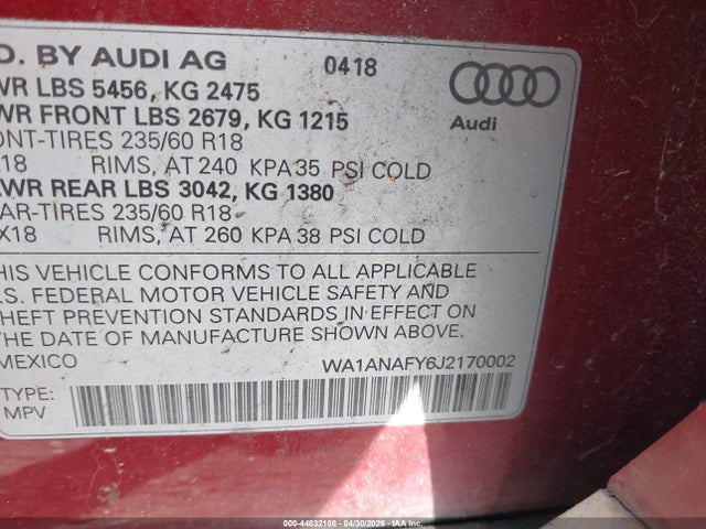 Продажа на аукционе авто 2018 Audi Q5 2.0t Premium/2.0t Tech Premium, vin: WA1ANAFY6J2170002, номер лота: 44832108