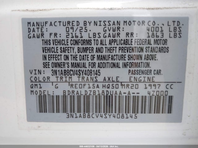 Aukcja sprzedaży 2025 Nissan Sentra Sv, vin: 3N1AB8CV4SY408145, numer aukcji: 44832109
