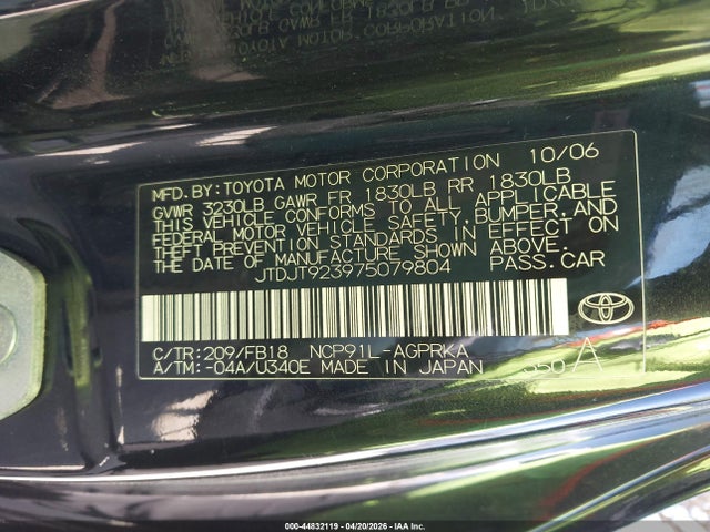 2007 Toyota Yaris მანქანა იყიდება აუქციონზე, vin: JTDJT923975079804, აუქციონის ნომერი: 44832119