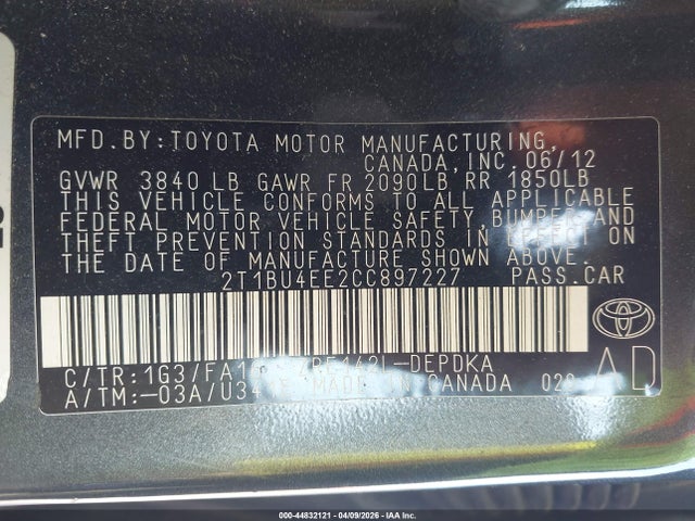 Продаж на аукціоні авто 2012 Toyota Corolla L, vin: 2T1BU4EE2CC897227, номер лоту: 44832121