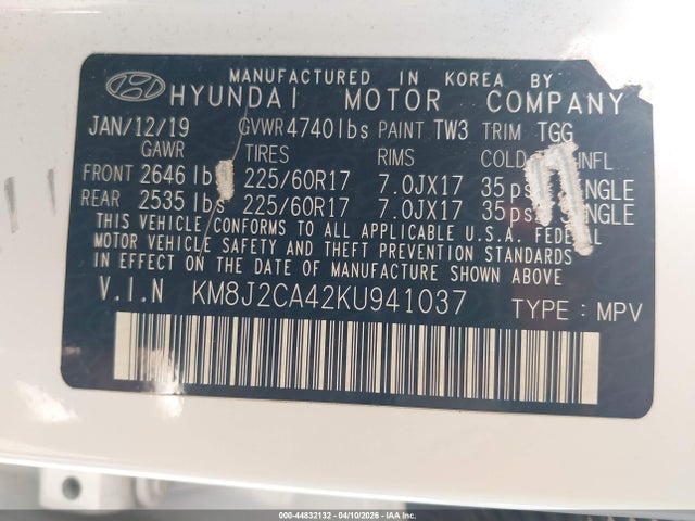 44832132 :رقم المزاد ، KM8J2CA42KU941037 vin ، 2019 Hyundai Tucson Se مزاد بيع