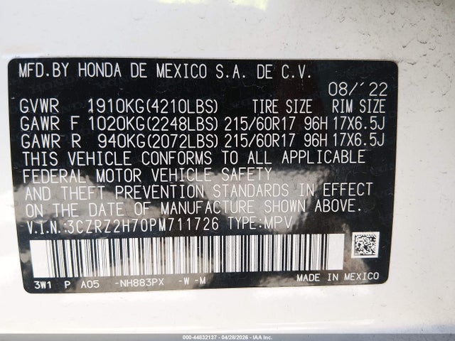 Продажа на аукционе авто 2023 Honda Hr-v Awd Ex-l, vin: 3CZRZ2H70PM711726, номер лота: 44832137
