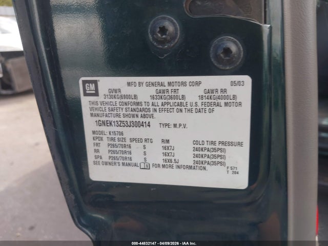 Продаж на аукціоні авто 2003 Chevrolet Tahoe Lt, vin: 1GNEK13Z53J300414, номер лоту: 44832147