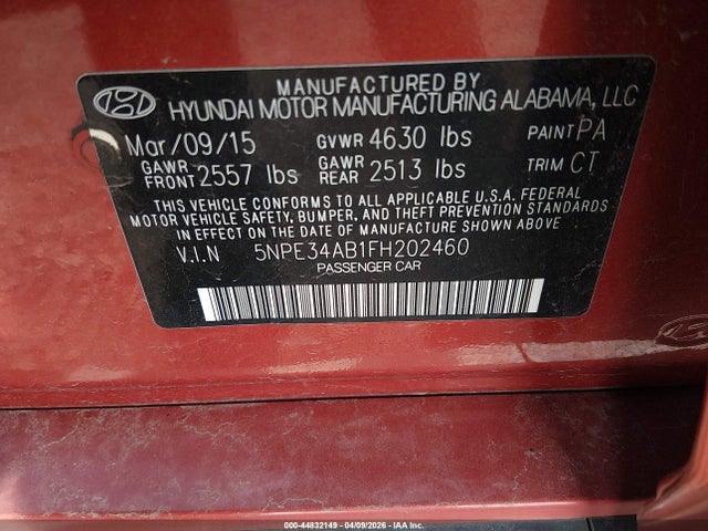 2015 Hyundai Sonata Limited 2.0t მანქანა იყიდება აუქციონზე, vin: 5NPE34AB1FH202460, აუქციონის ნომერი: 44832149