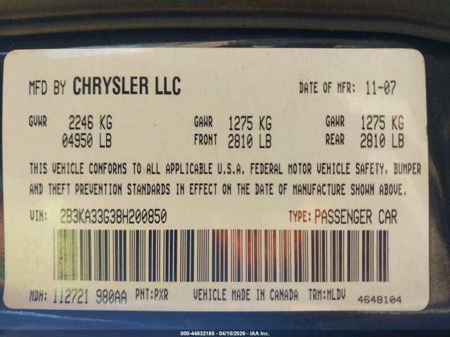 2008 Dodge Charger Sxt მანქანა იყიდება აუქციონზე, vin: 2B3KA33G38H200850, აუქციონის ნომერი: 44832165