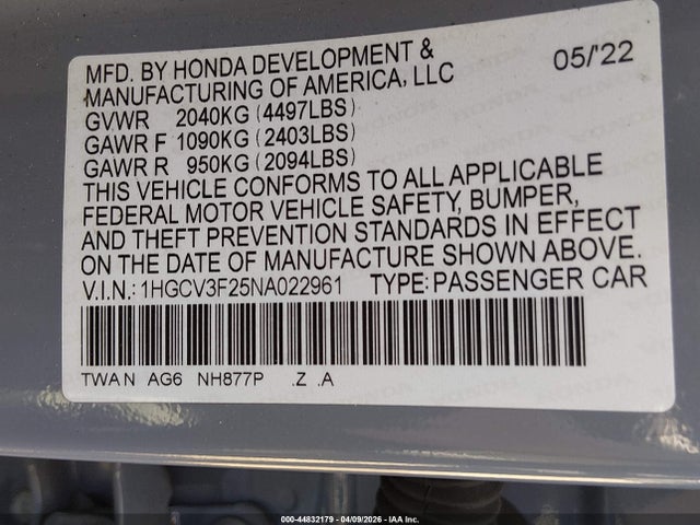 1HGCV3F25NA022961 Honda Accord Hybrid Sport