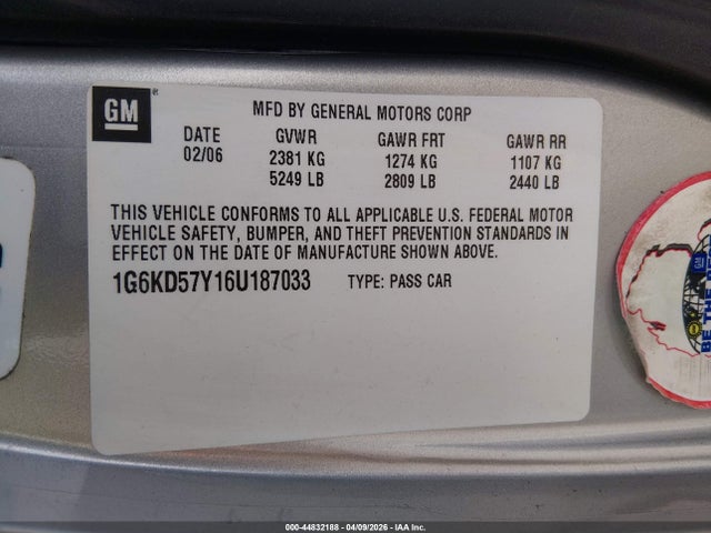 44832188 :رقم المزاد ، 1G6KD57Y16U187033 vin ، 2006 Cadillac Dts Standard مزاد بيع