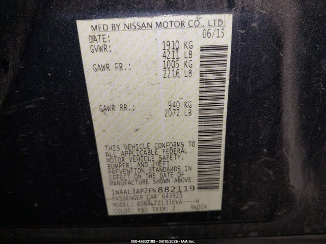 44832189 :رقم المزاد ، 1N4AL3AP2FN882119 vin ، 2015 Nissan Altima 2.5 Sl مزاد بيع