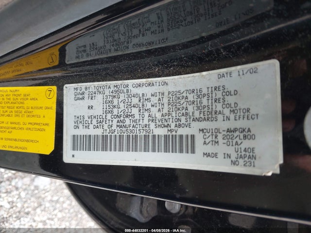 44832201 :رقم المزاد ، JTJGF10U530157921 vin ، 2003 Lexus Rx 300 مزاد بيع