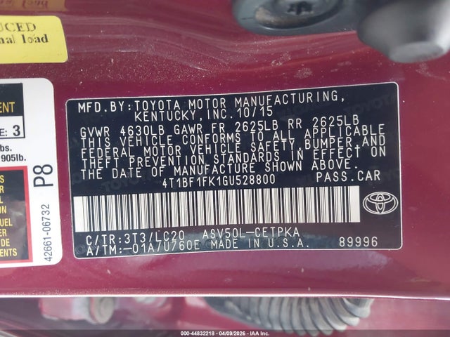 44832218 :رقم المزاد ، 4T1BF1FK1GU528800 vin ، 2016 Toyota Camry Xse مزاد بيع