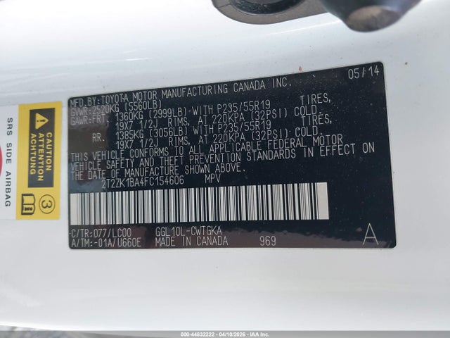 44832222 :رقم المزاد ، 2T2ZK1BA4FC154606 vin ، 2015 Lexus Rx 350 مزاد بيع