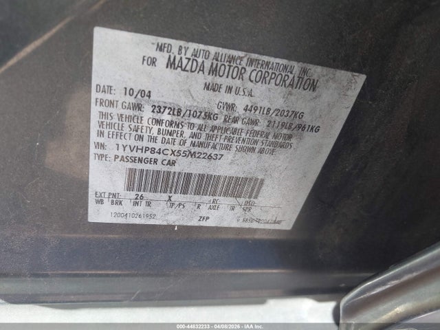 44832233 :رقم المزاد ، 1YVHP84CX55M22637 vin ، 2005 Mazda Mazda6 I Sport مزاد بيع