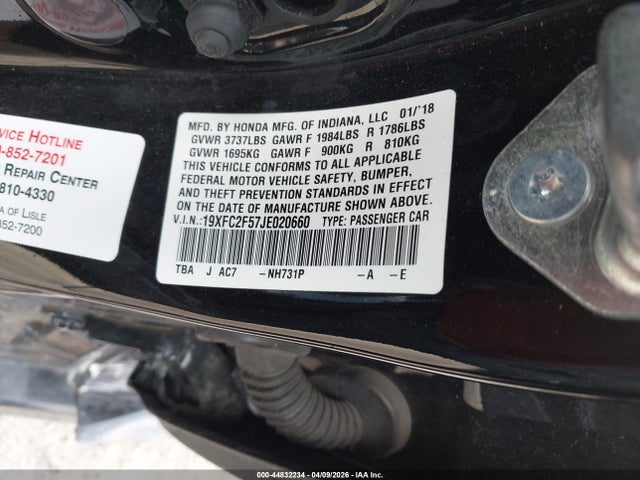 44832234 :رقم المزاد ، 19XFC2F57JE020660 vin ، 2018 Honda Civic Lx مزاد بيع