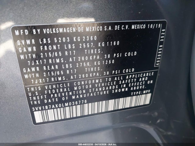 3VV1B7AX0LM036776 Volkswagen Tiguan 2.0t S