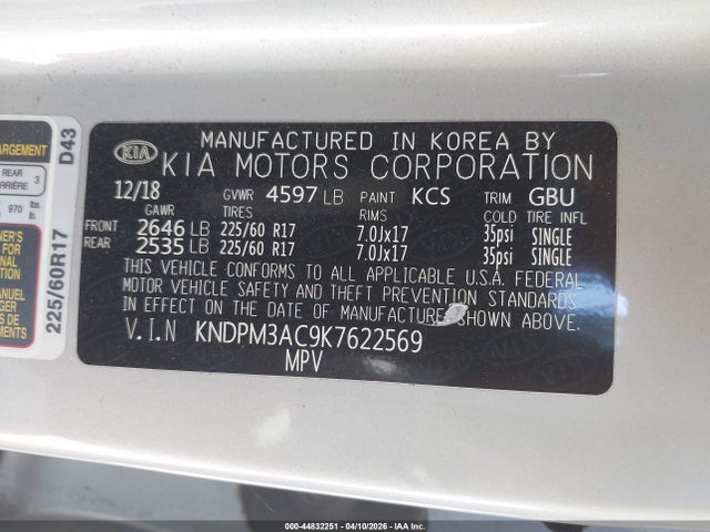 Aukcja sprzedaży 2019 Kia Sportage Lx, vin: KNDPM3AC9K7622569, numer aukcji: 44832251