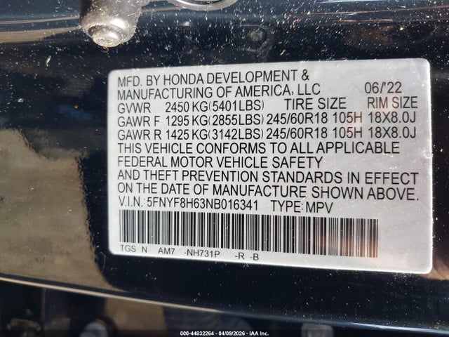 44832264 :رقم المزاد ، 5FNYF8H63NB016341 vin ، 2022 Honda Passport Awd Trailsport مزاد بيع
