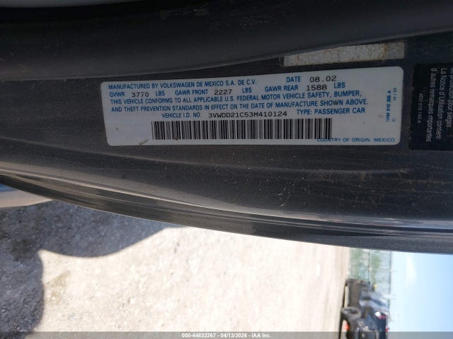 Aukcja sprzedaży 2003 Volkswagen New Beetle Glx, vin: 3VWDD21C53M410124, numer aukcji: 44832267