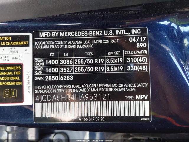 Aukcja sprzedaży 2017 Mercedes-benz Gle 350 4matic, vin: 4JGDA5HB4HA953121, numer aukcji: 44832290