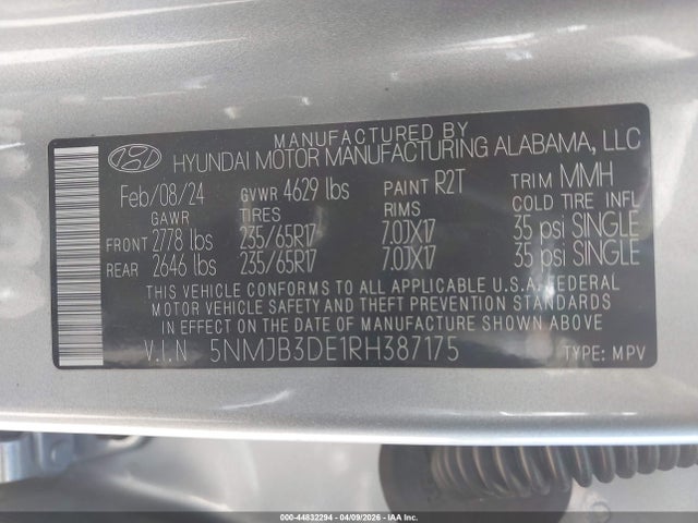 44832294 :رقم المزاد ، 5NMJB3DE1RH387175 vin ، 2024 Hyundai Tucson Sel مزاد بيع