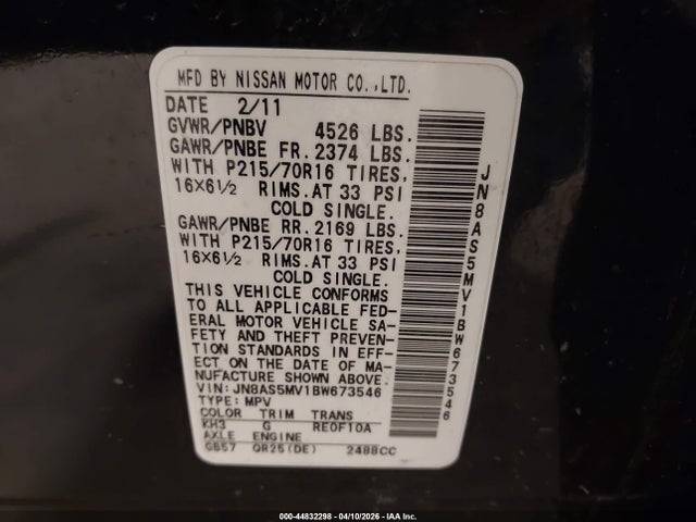 2011 Nissan Rogue S მანქანა იყიდება აუქციონზე, vin: JN8AS5MV1BW673546, აუქციონის ნომერი: 44832298