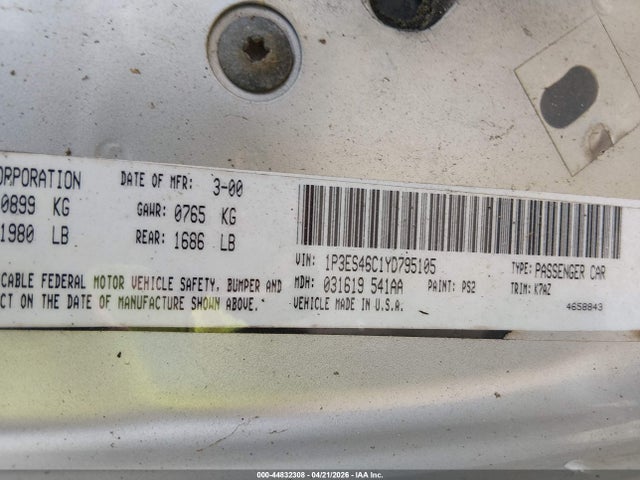 Продаж на аукціоні авто 2000 Plymouth Neon Highline, vin: 1P3ES46C1YD795105, номер лоту: 44832308