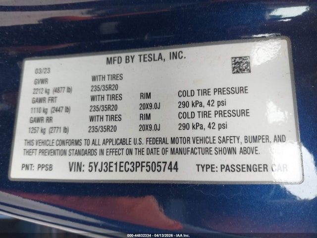 44832334 :رقم المزاد ، 5YJ3E1EC3PF505744 vin ، 2023 Tesla Model 3 Performance Dual Motor All-wheel Drive مزاد بيع
