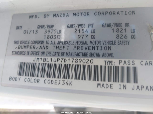 Aukcja sprzedaży 2013 Mazda Mazda3 I Sport, vin: JM1BL1UP7D1789020, numer aukcji: 44832342