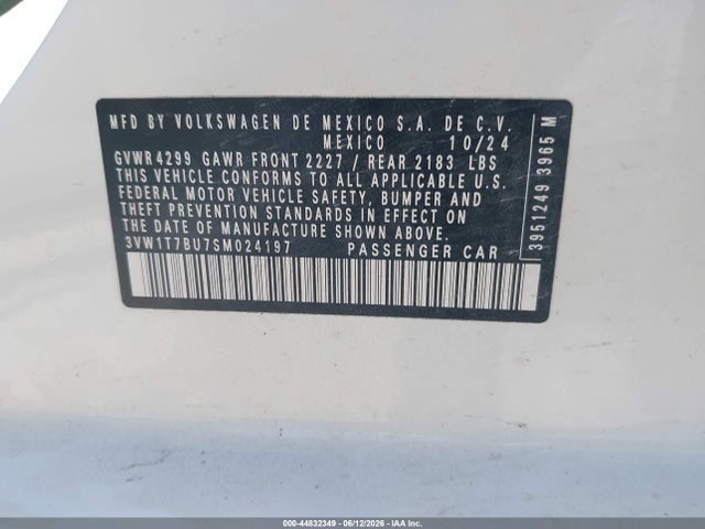 2025 Volkswagen Jetta Gli 2.0t Autobahn მანქანა იყიდება აუქციონზე, vin: 3VW1T7BU7SM024197, აუქციონის ნომერი: 44832349