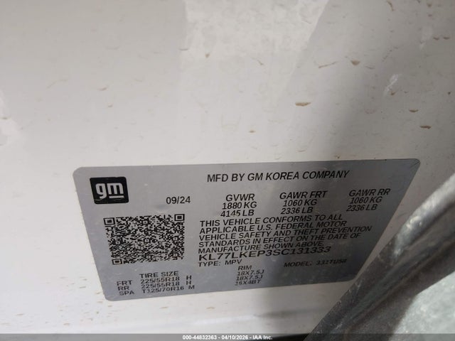 Aukcja sprzedaży 2025 Chevrolet Trax Fwd Activ, vin: KL77LKEP3SC131333, numer aukcji: 44832363