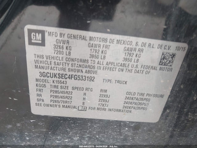 Aukcja sprzedaży 2015 Chevrolet Silverado 1500 2lz, vin: 3GCUKSEC4FG533192, numer aukcji: 44832370