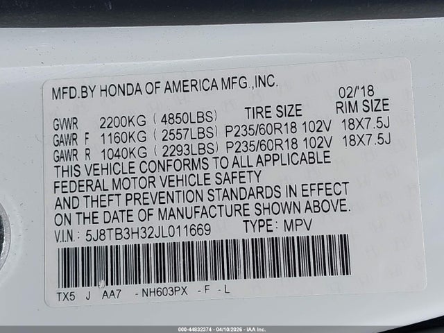 44832374 :رقم المزاد ، 5J8TB3H32JL011669 vin ، 2018 Acura Rdx Acurawatch Plus Package مزاد بيع