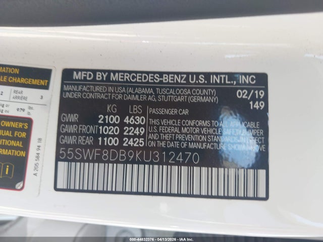 Aukcja sprzedaży 2019 Mercedes-benz C 300, vin: 55SWF8DB9KU312470, numer aukcji: 44832376
