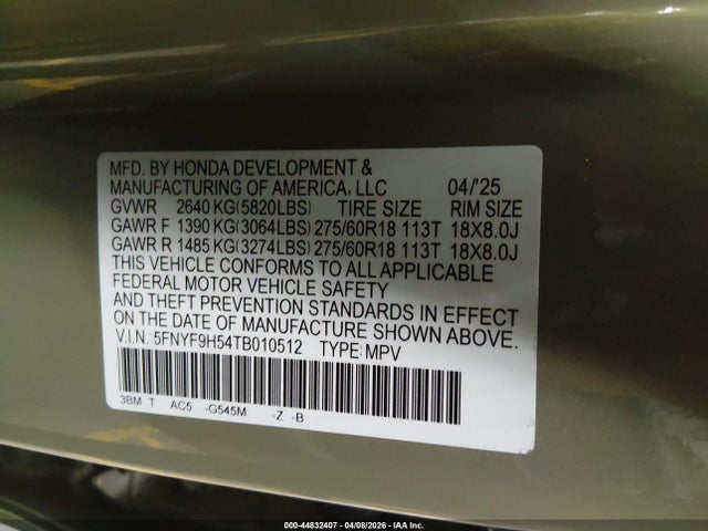 5FNYF9H54TB010512 Honda Passport Awd Trailsport/awd Trailsport Blackout