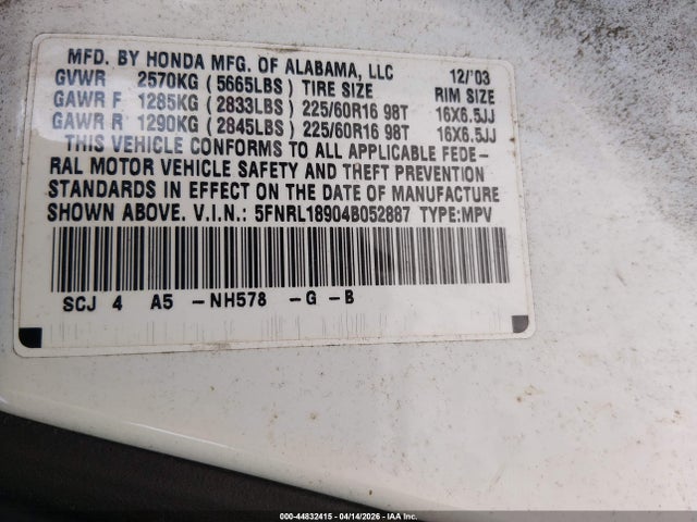 Aukcja sprzedaży 2004 Honda Odyssey Ex-l, vin: 5FNRL18904B052887, numer aukcji: 44832415
