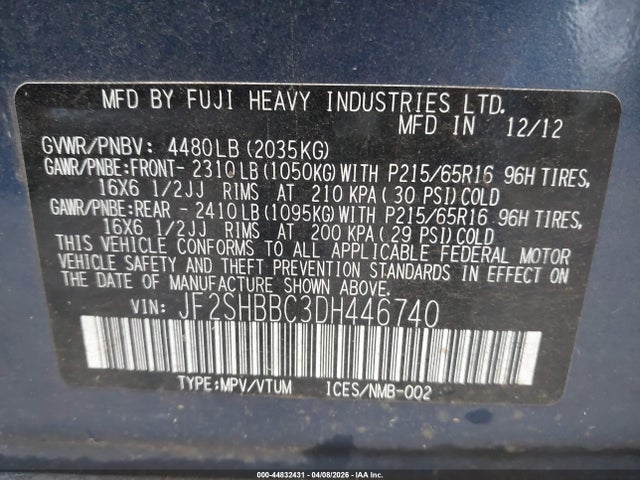 Aukcja sprzedaży 2013 Subaru Forester 2.5x, vin: JF2SHBBC3DH446740, numer aukcji: 44832431
