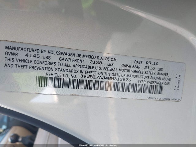 2011 Volkswagen Jetta 2.5l Se მანქანა იყიდება აუქციონზე, vin: 3VWBZ7AJ4BM313676, აუქციონის ნომერი: 44832492