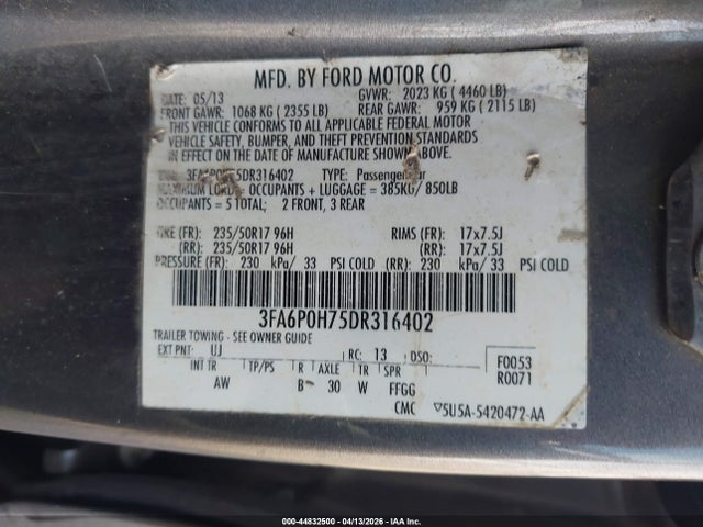 2013 Ford Fusion Se მანქანა იყიდება აუქციონზე, vin: 3FA6P0H75DR316402, აუქციონის ნომერი: 44832500