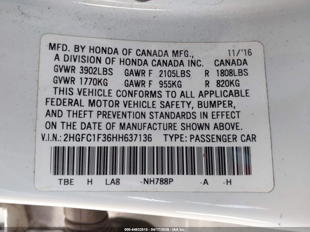 2HGFC1F36HH637136 Honda Civic Ex-t