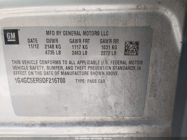 2013 Buick Lacrosse Leather Group მანქანა იყიდება აუქციონზე, vin: 1G4GC5ER9DF216700, აუქციონის ნომერი: 44832534