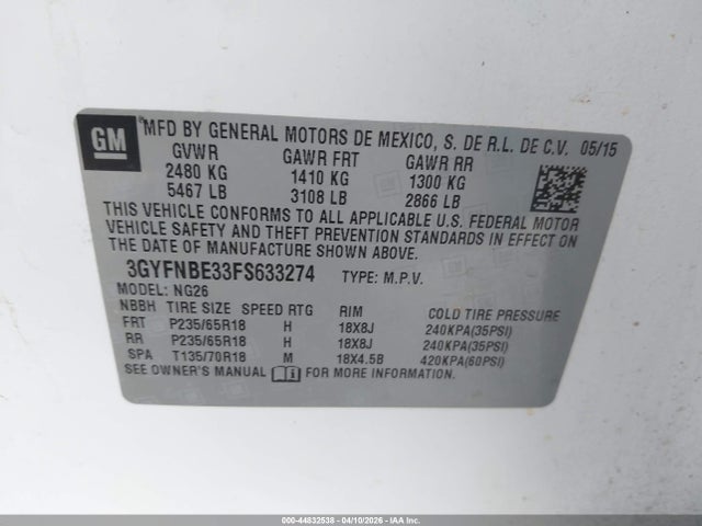 Aukcja sprzedaży 2015 Cadillac Srx Luxury Collection, vin: 3GYFNBE33FS633274, numer aukcji: 44832538