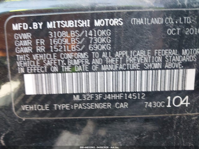 44832563 :رقم المزاد ، ML32F3FJ4HHF14512 vin ، 2017 Mitsubishi Mirage G4 Es مزاد بيع