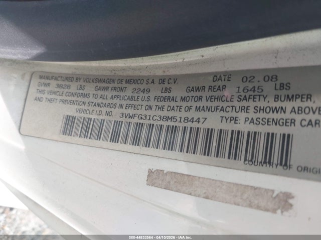 44832564 :رقم المزاد ، 3VWFG31C38M518447 vin ، 2008 Volkswagen New Beetle Black Tie Edition/triple White مزاد بيع